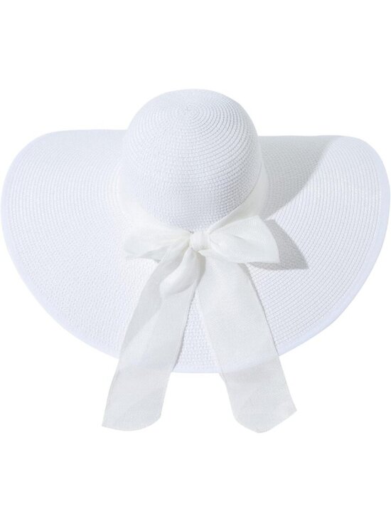 Women\'s White 5.7 Inches Big Bowknot Straw Hat Large Floppy Foldable Cap main image 3